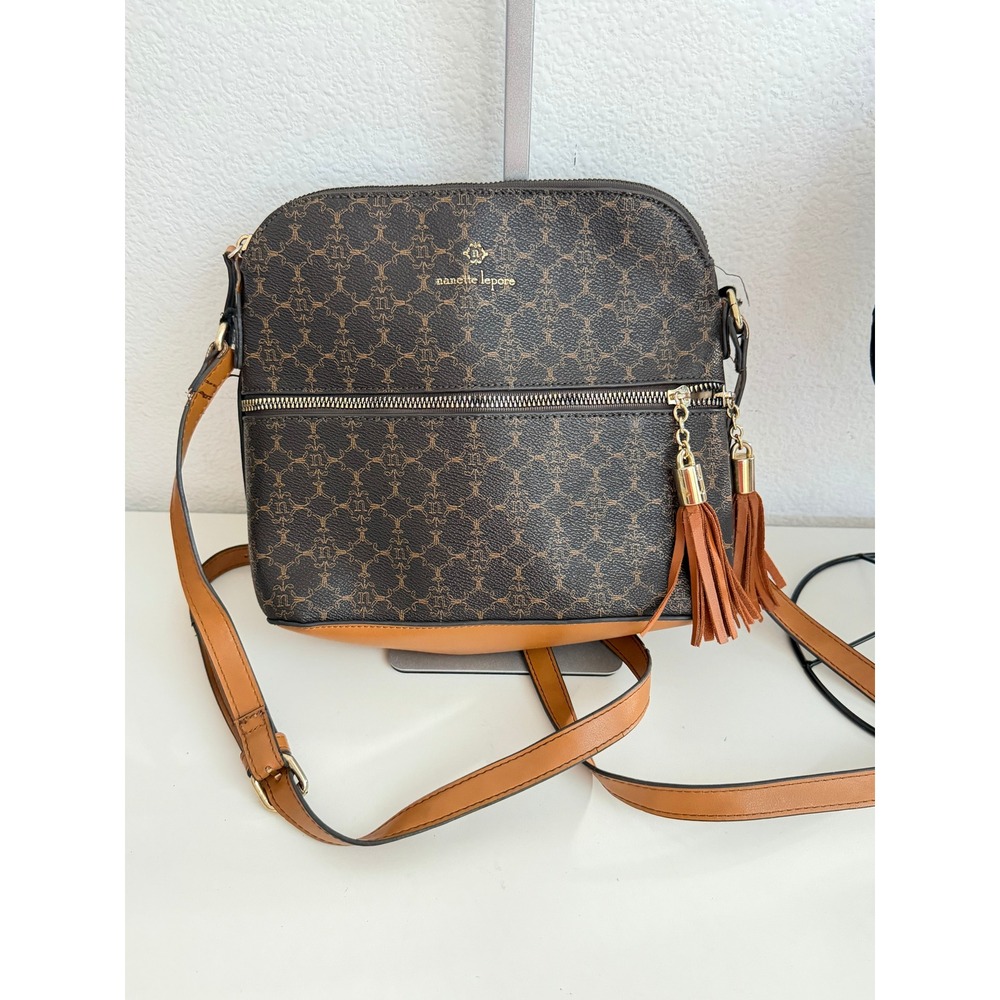Nanette Lepore Brown Monogram Crossbody Bag Tassel Detail Tan Trim Gold Hardware - Picture 1 of 4